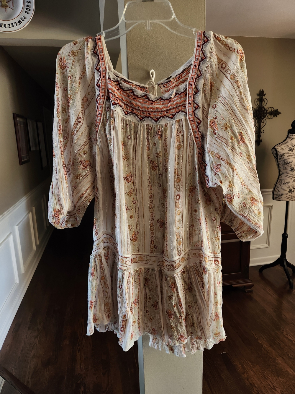 Free People Boho Peasant Blouse with Embroidered Yoke - Cream & Rust Size SP